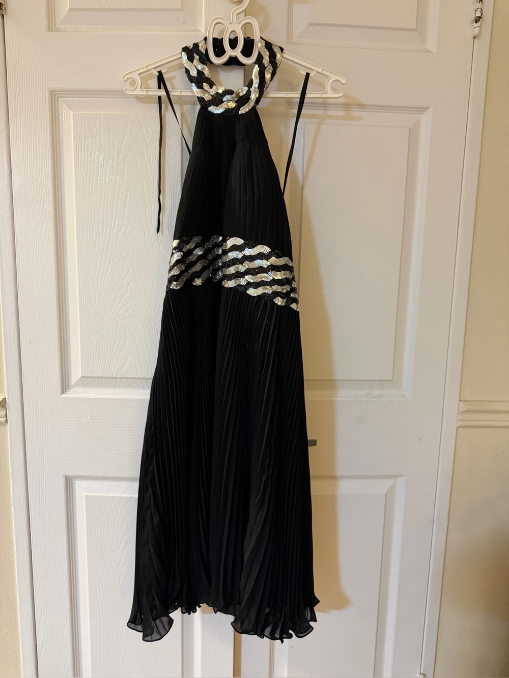 Black Halter Pleated Dress with Silver Sequin Accents